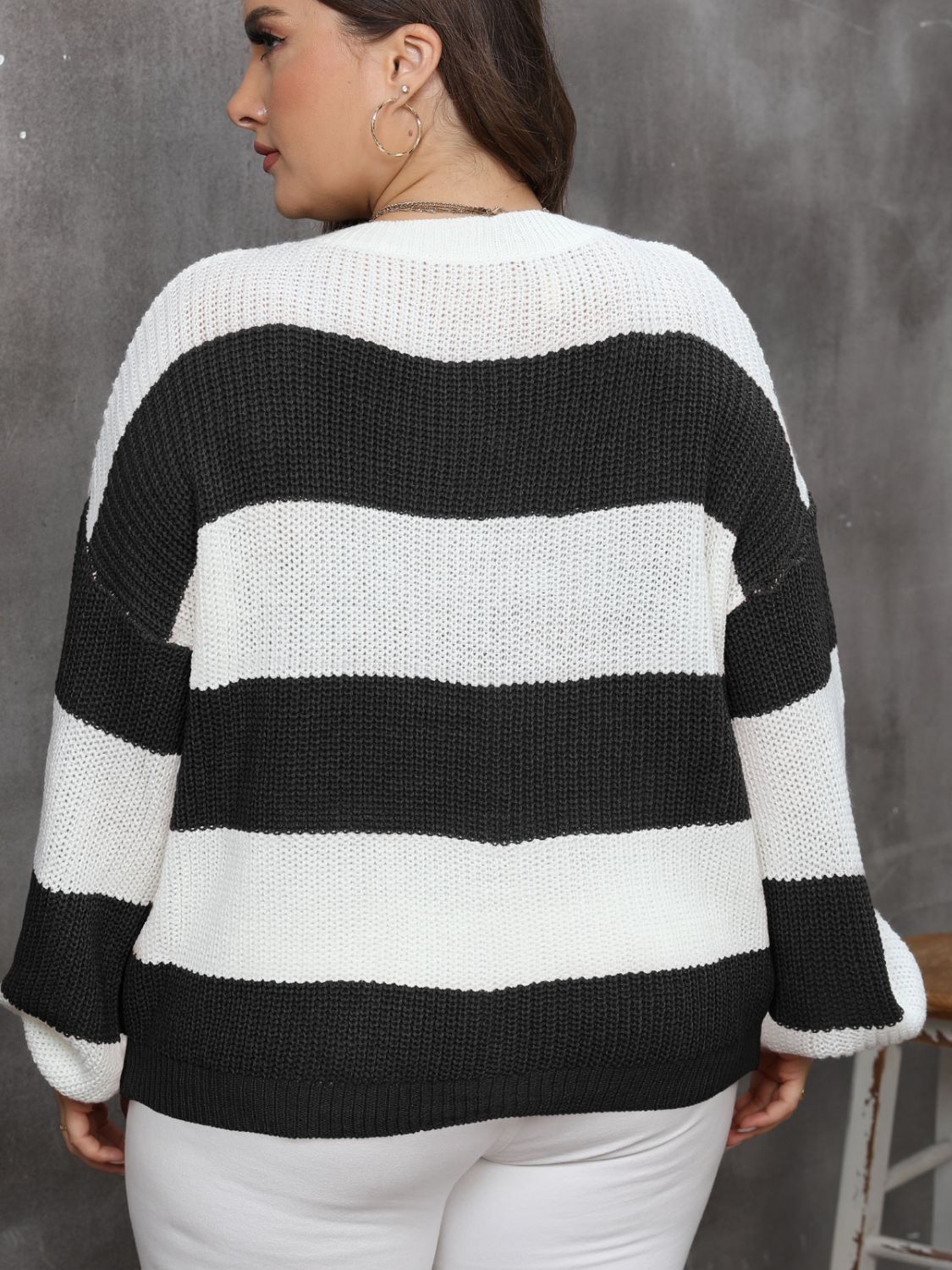 Plus Size Striped Round Neck Long Sleeve Sweater - Rochelle's House LLC