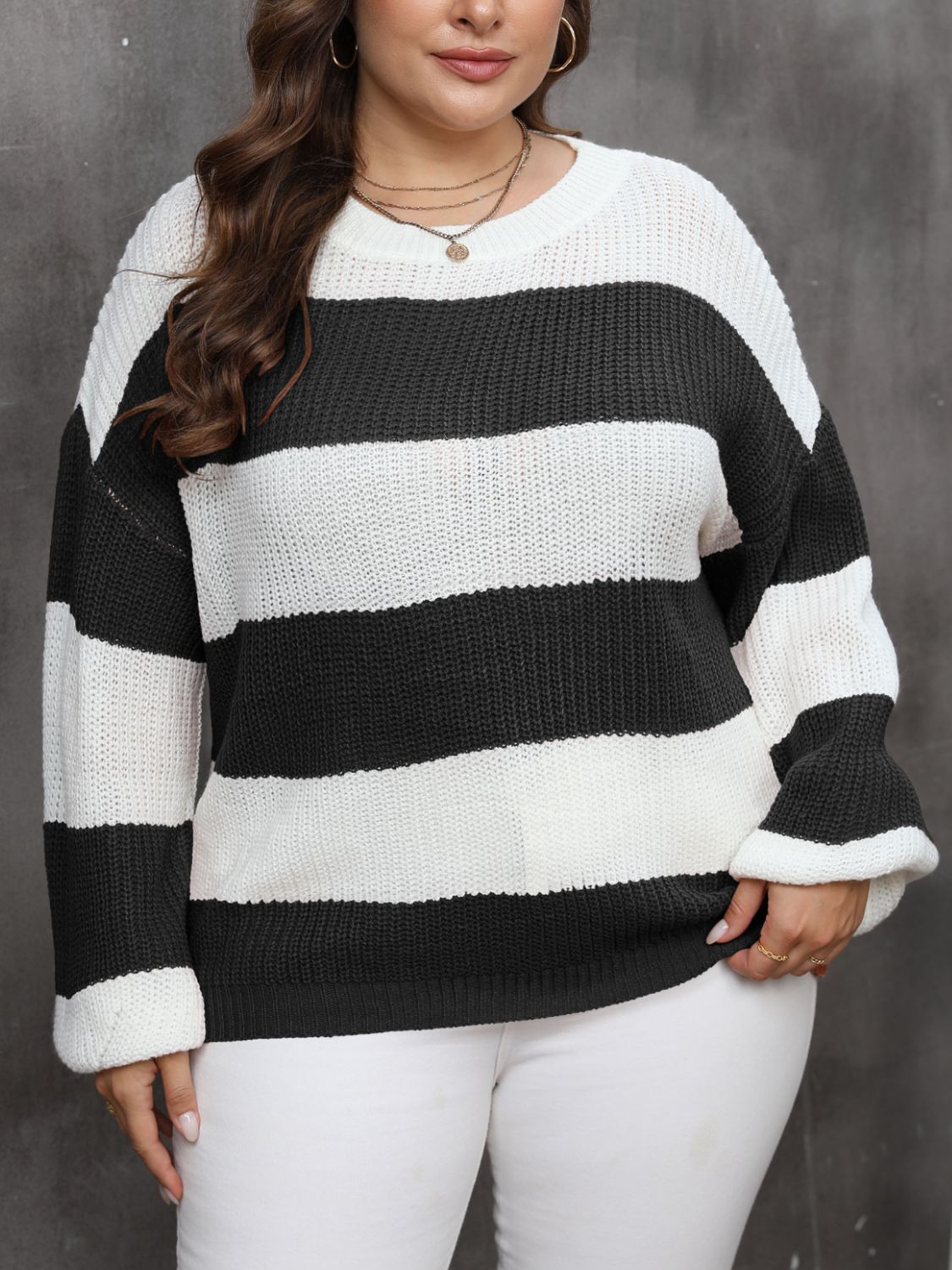 Plus Size Striped Round Neck Long Sleeve Sweater - Rochelle's House LLC
