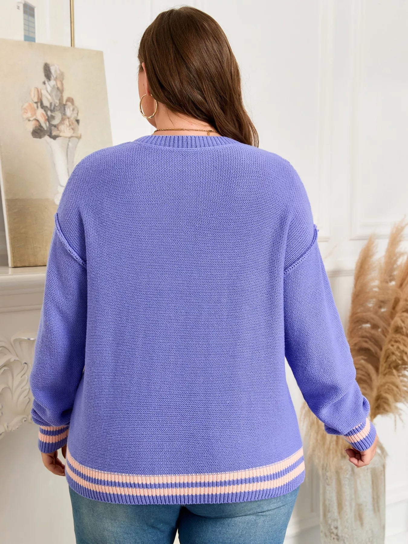 Plus Size Striped Trim Drop Shoulder Knit Loose Sweater - Rochelle's House LLC