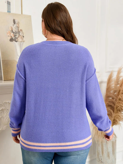 Plus Size Striped Trim Drop Shoulder Knit Loose Sweater - Rochelle's House LLC