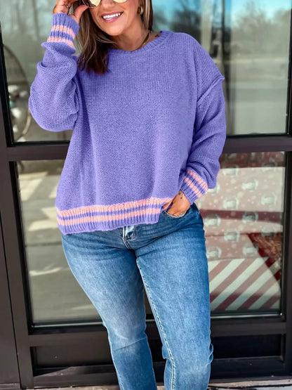 Plus Size Striped Trim Drop Shoulder Knit Loose Sweater - Rochelle's House LLC