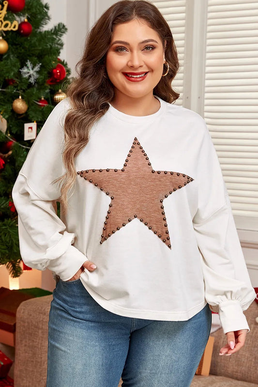 Front view of Plus Size Studded Star Round Neck Long Sleeve Blouse in White showing neckline and sleeve details