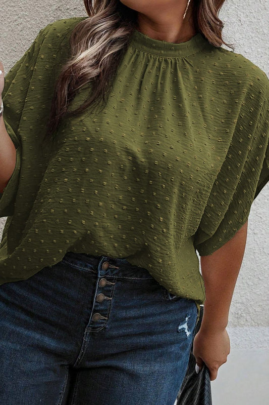 Plus Size Swiss Dot Tied Mock Neck Blouse - Rochelle's House LLC