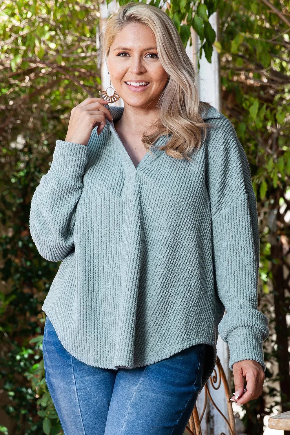 Plus Size Textured Johnny Collar Long Sleeve Sweatshirt - Rochelle's House LLC