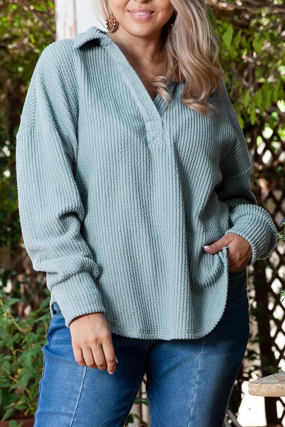 Plus Size Textured Johnny Collar Long Sleeve Sweatshirt - Rochelle's House LLC