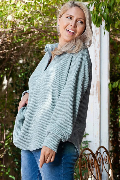 Plus Size Textured Johnny Collar Long Sleeve Sweatshirt - Rochelle's House LLC