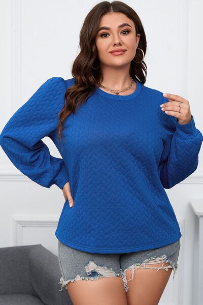 Front view of Plus Size Textured Round Neck Long Sleeve Top in Cobalt Blue showing neckline and sleeve details