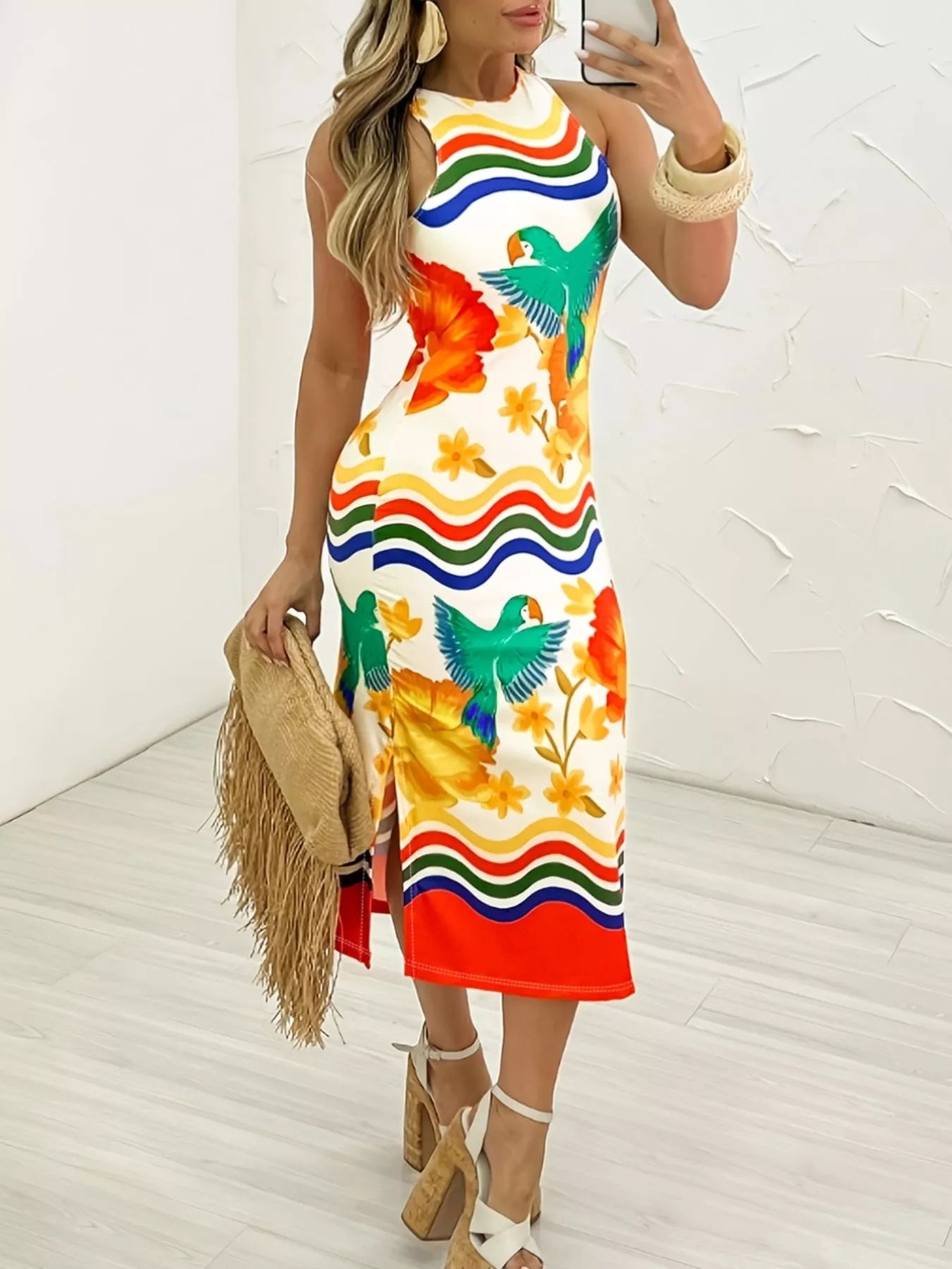 Plus Size Tropical Parrot Print Sleeveless Midi Dress - Rochelle's House LLC