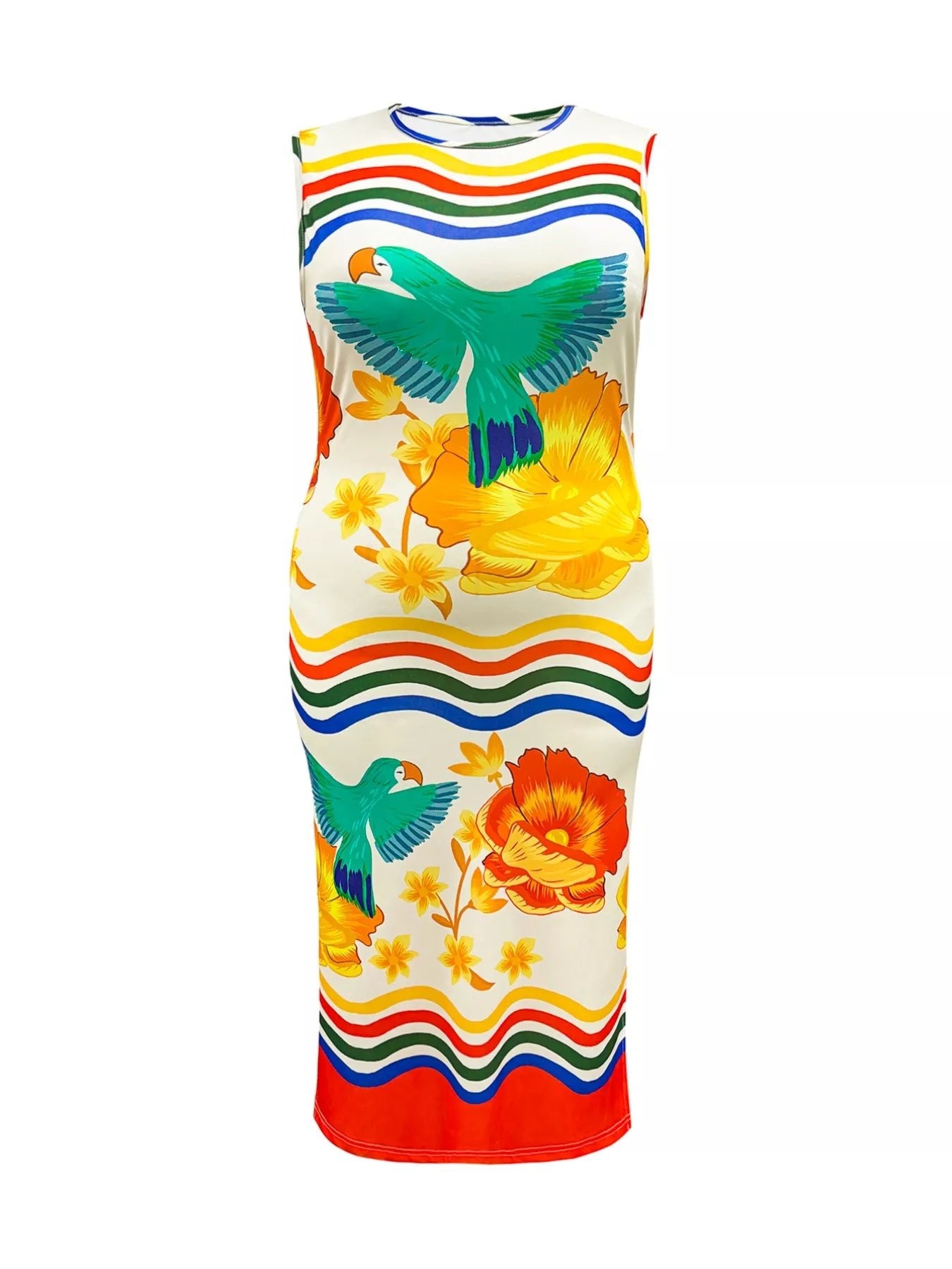 Plus Size Tropical Parrot Print Sleeveless Midi Dress - Rochelle's House LLC