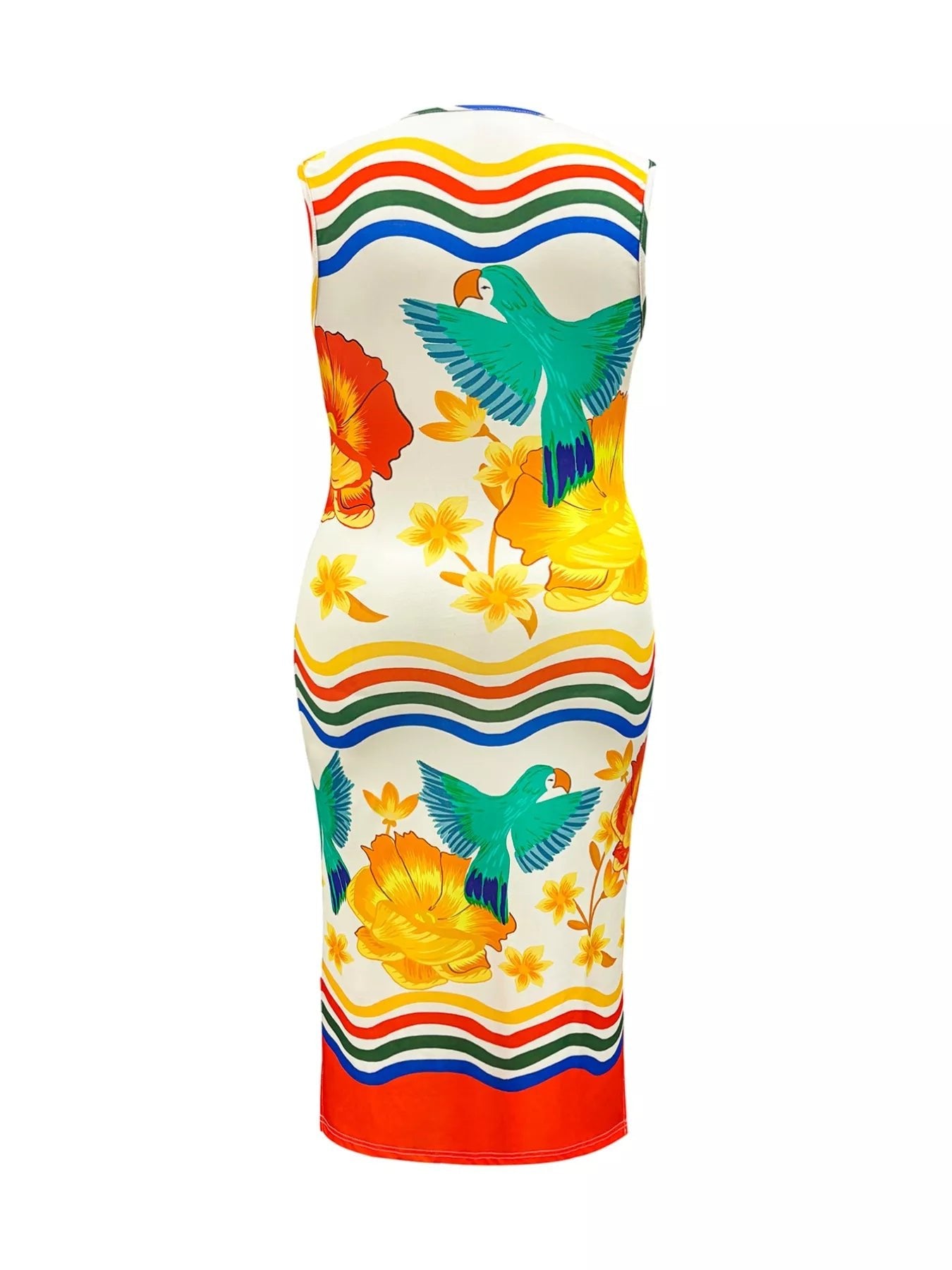 Plus Size Tropical Parrot Print Sleeveless Midi Dress - Rochelle's House LLC