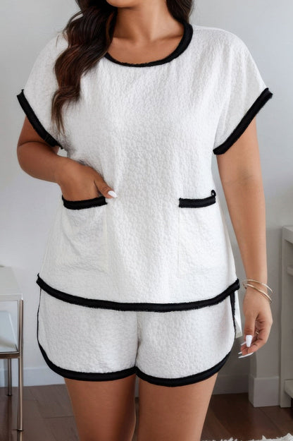 Front view of Plus Size Two Pieces Pocket Elastic Waist Sets showing neckline and sleeve details (95% polyester and)