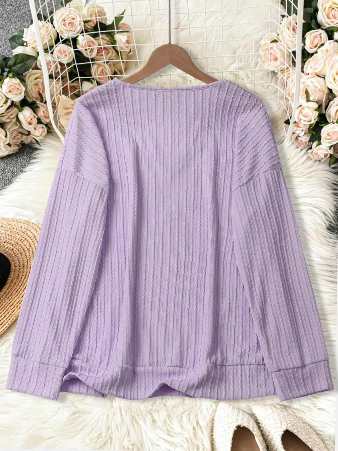 Plus Size V - Neck Dropped Shoulder Blouse - Rochelle's House LLC