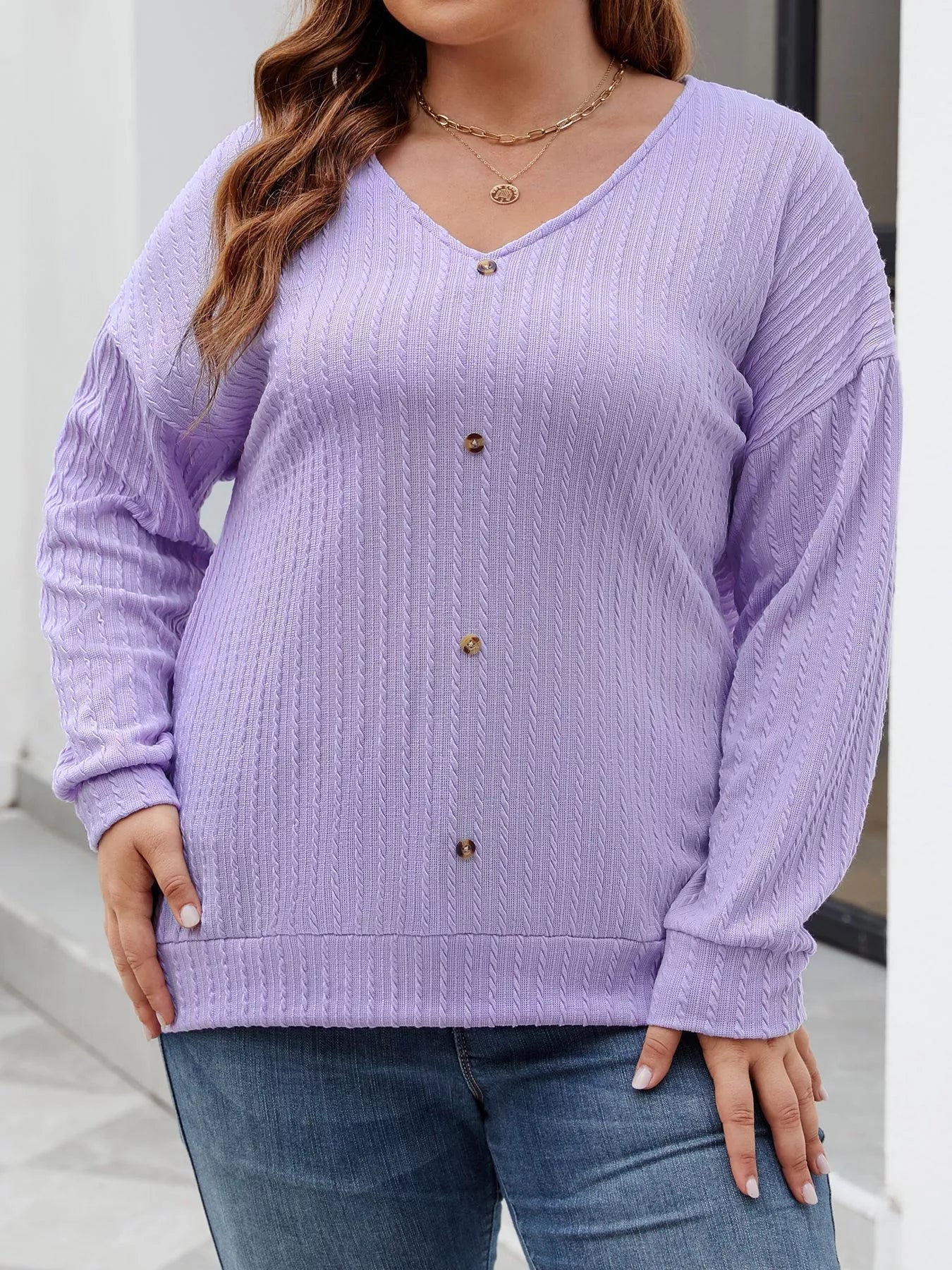 Plus Size V - Neck Dropped Shoulder Blouse - Rochelle's House LLC