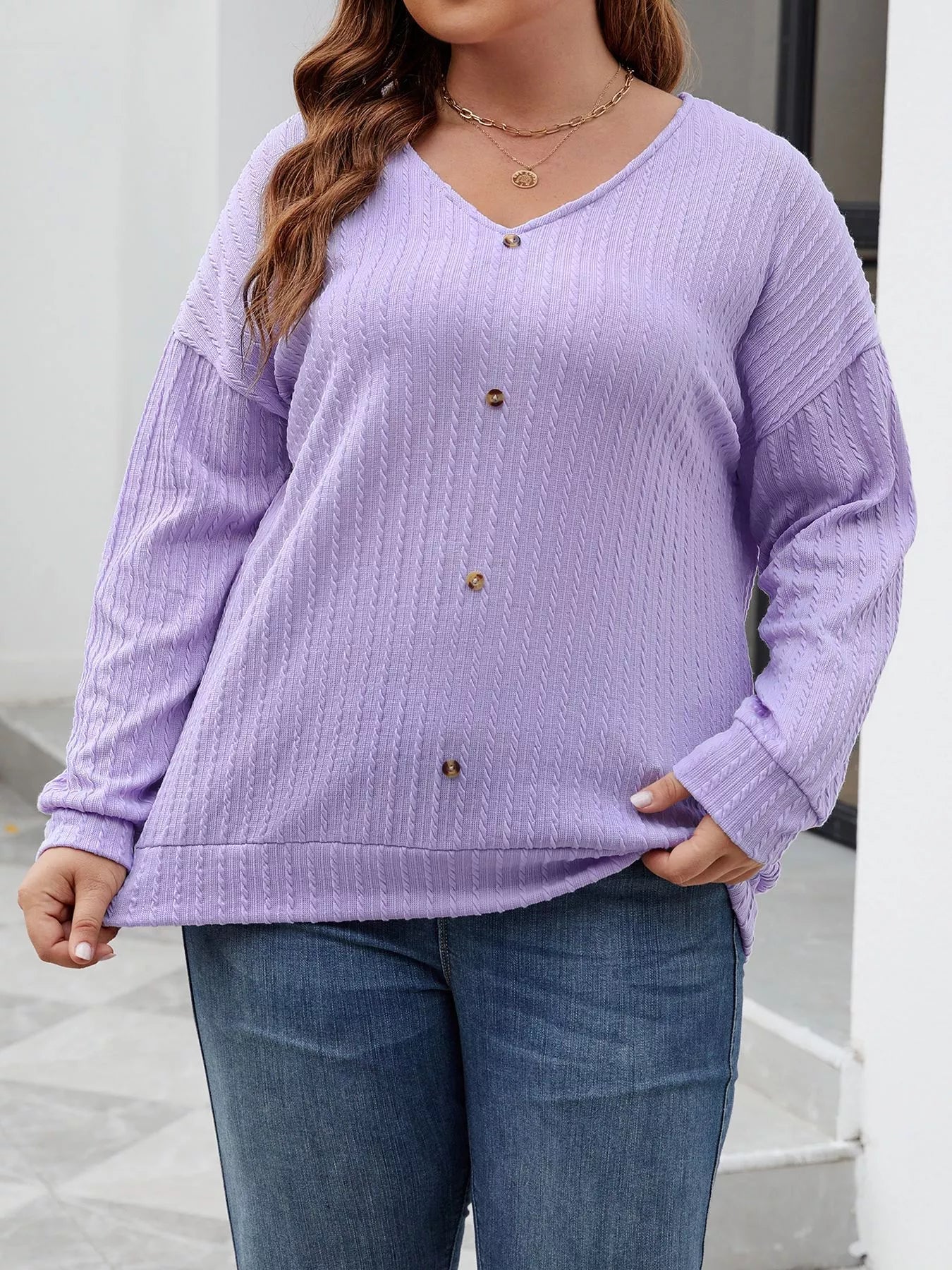 Plus Size V - Neck Dropped Shoulder Blouse - Rochelle's House LLC