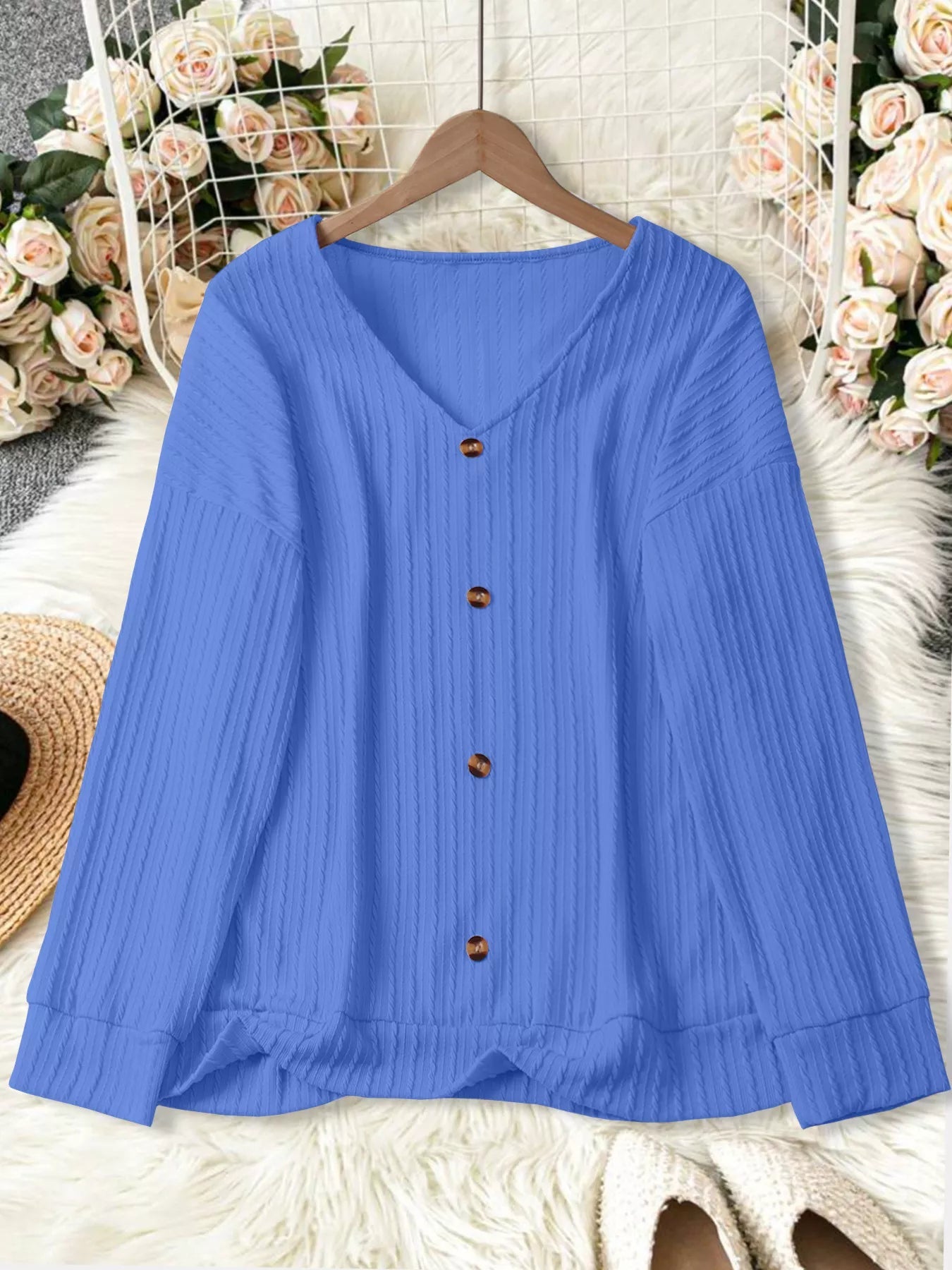 Plus Size V - Neck Dropped Shoulder Blouse - Rochelle's House LLC