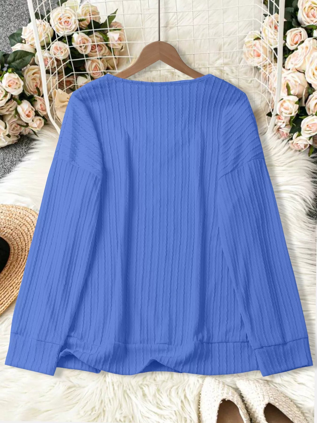 Plus Size V - Neck Dropped Shoulder Blouse - Rochelle's House LLC