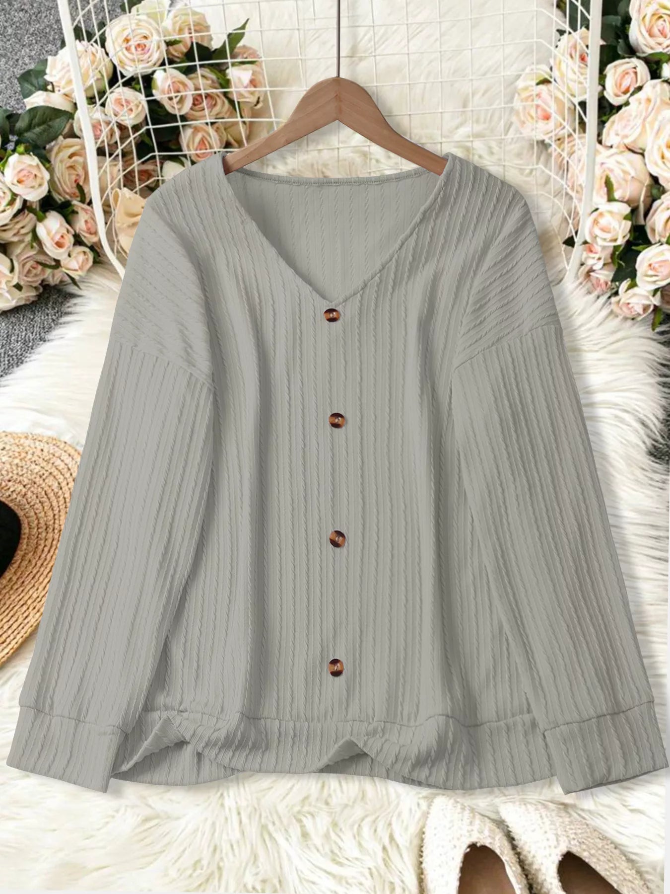 Plus Size V - Neck Dropped Shoulder Blouse - Rochelle's House LLC