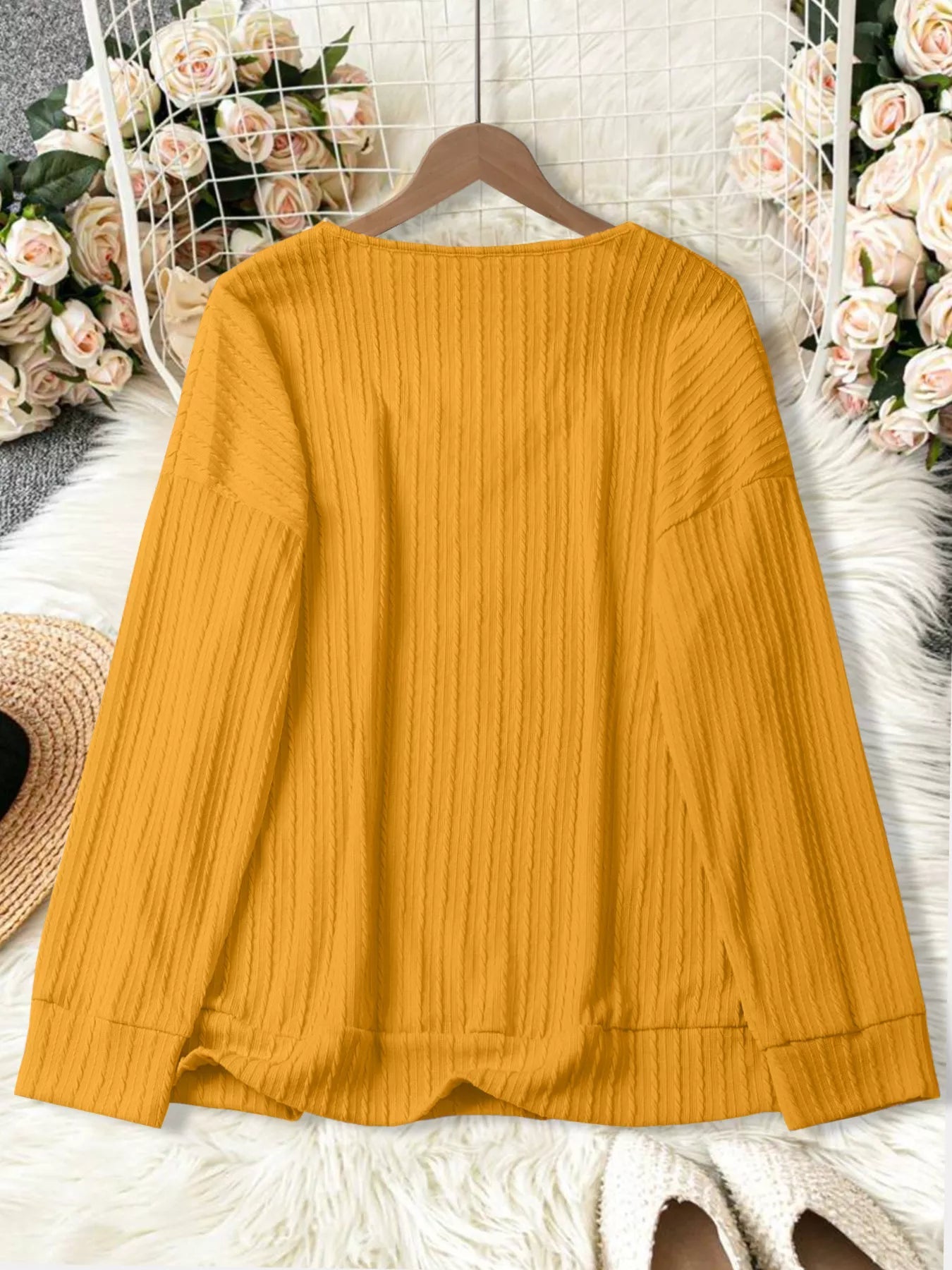 Plus Size V - Neck Dropped Shoulder Blouse - Rochelle's House LLC