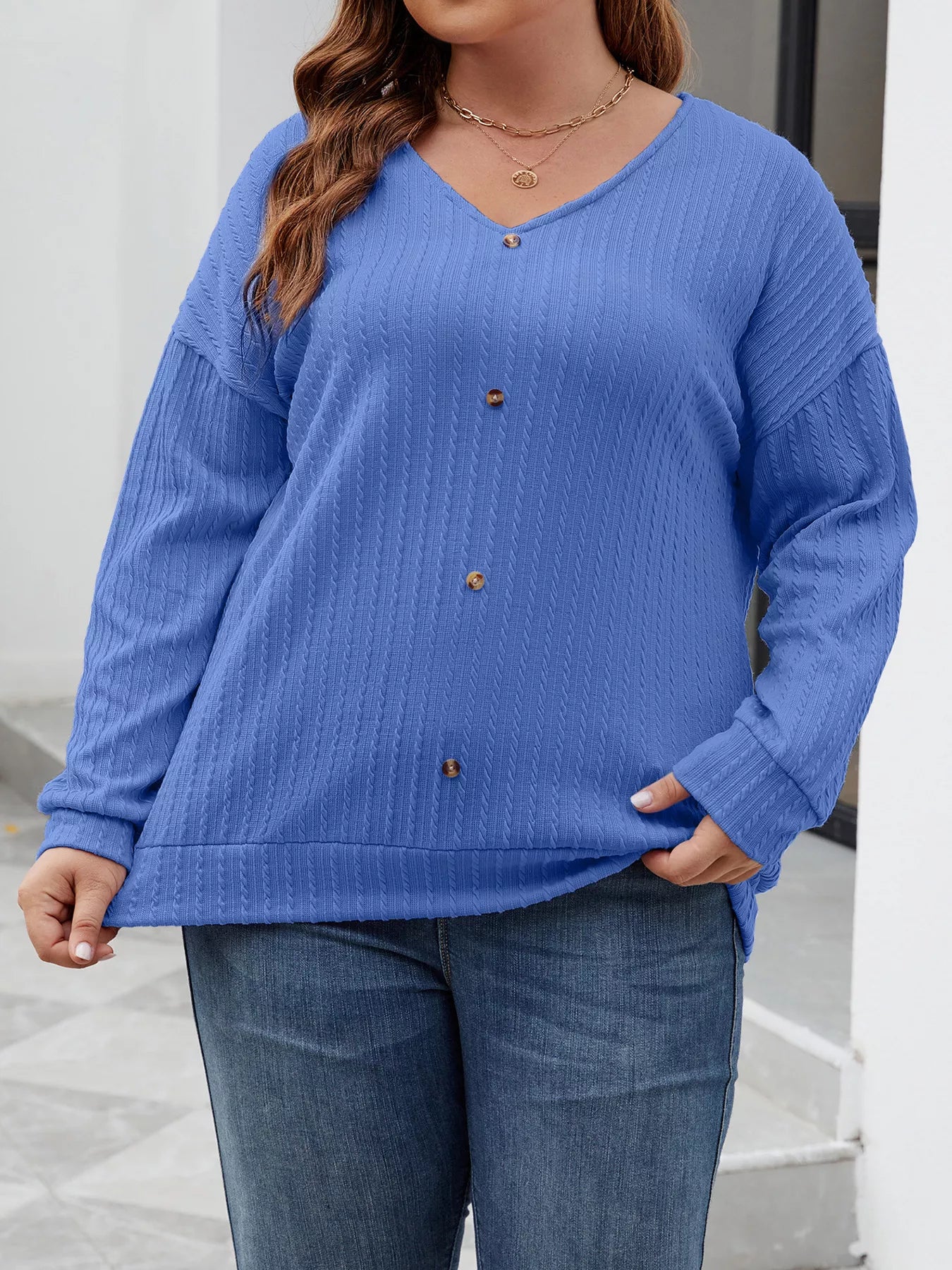 Plus Size V - Neck Dropped Shoulder Blouse - Rochelle's House LLC