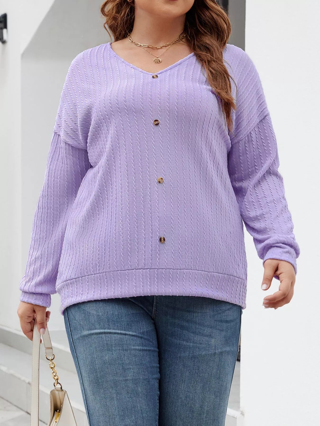 Plus Size V - Neck Dropped Shoulder Blouse - Rochelle's House LLC