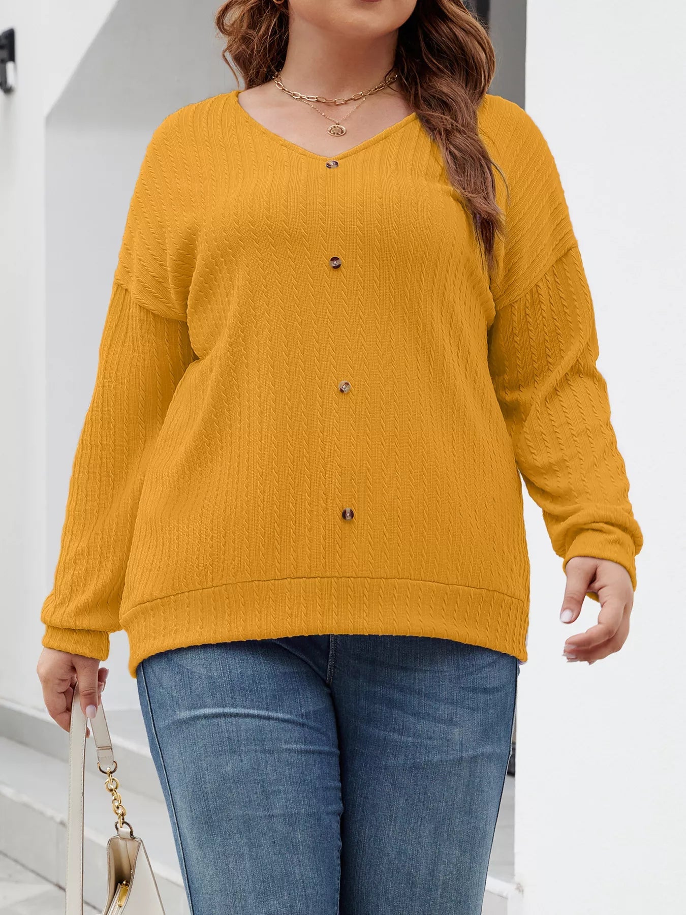 Plus Size V - Neck Dropped Shoulder Blouse - Rochelle's House LLC