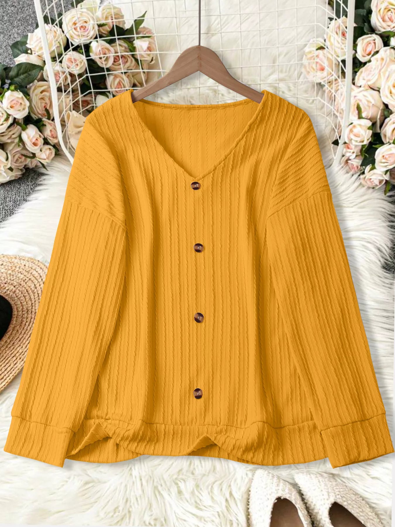 Plus Size V - Neck Dropped Shoulder Blouse - Rochelle's House LLC