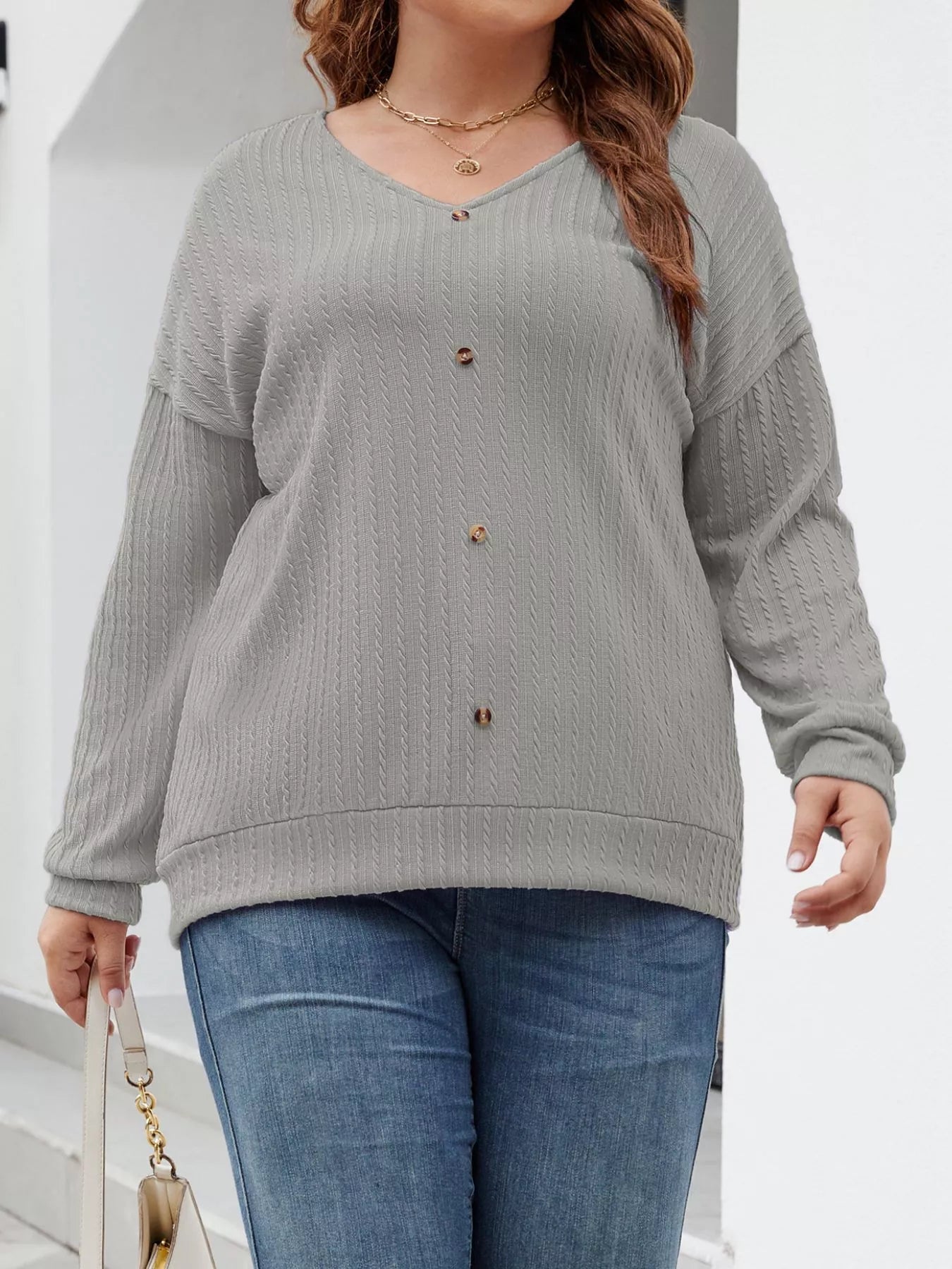 Plus Size V - Neck Dropped Shoulder Blouse - Rochelle's House LLC