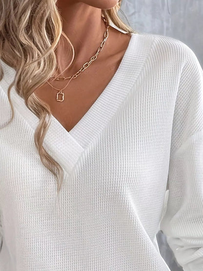 Plus Size V - Neck Long Sleeve Waffle Knit T-Shirt - Rochelle's House LLC