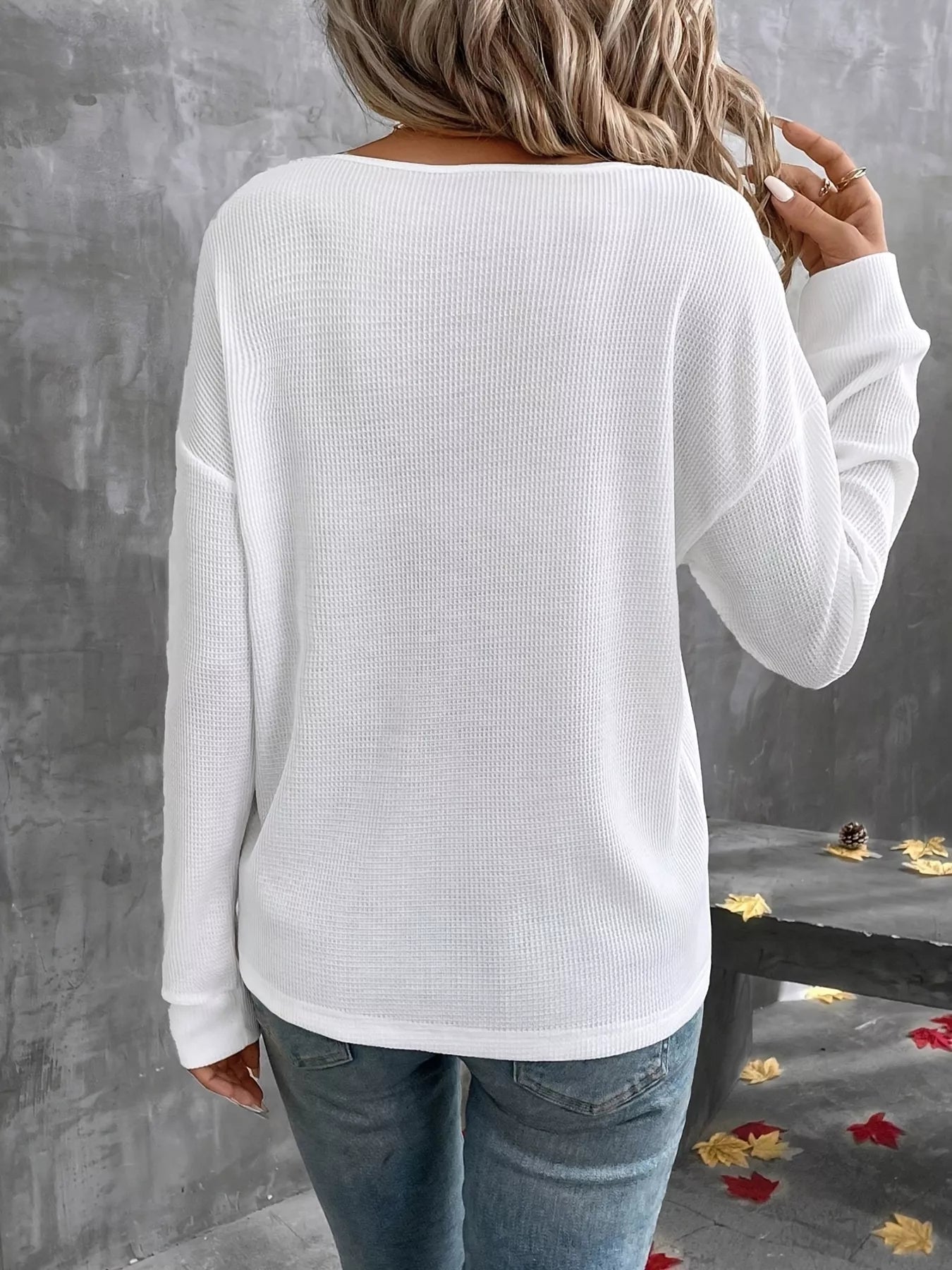 Plus Size V - Neck Long Sleeve Waffle Knit T-Shirt - Rochelle's House LLC