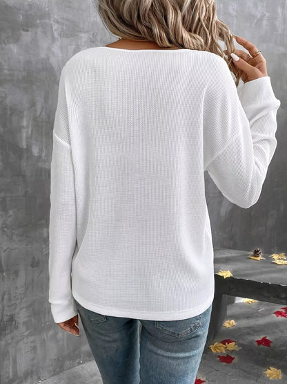 Plus Size V - Neck Long Sleeve Waffle Knit T-Shirt - Rochelle's House LLC