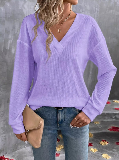Plus Size V - Neck Long Sleeve Waffle Knit T-Shirt - Rochelle's House LLC