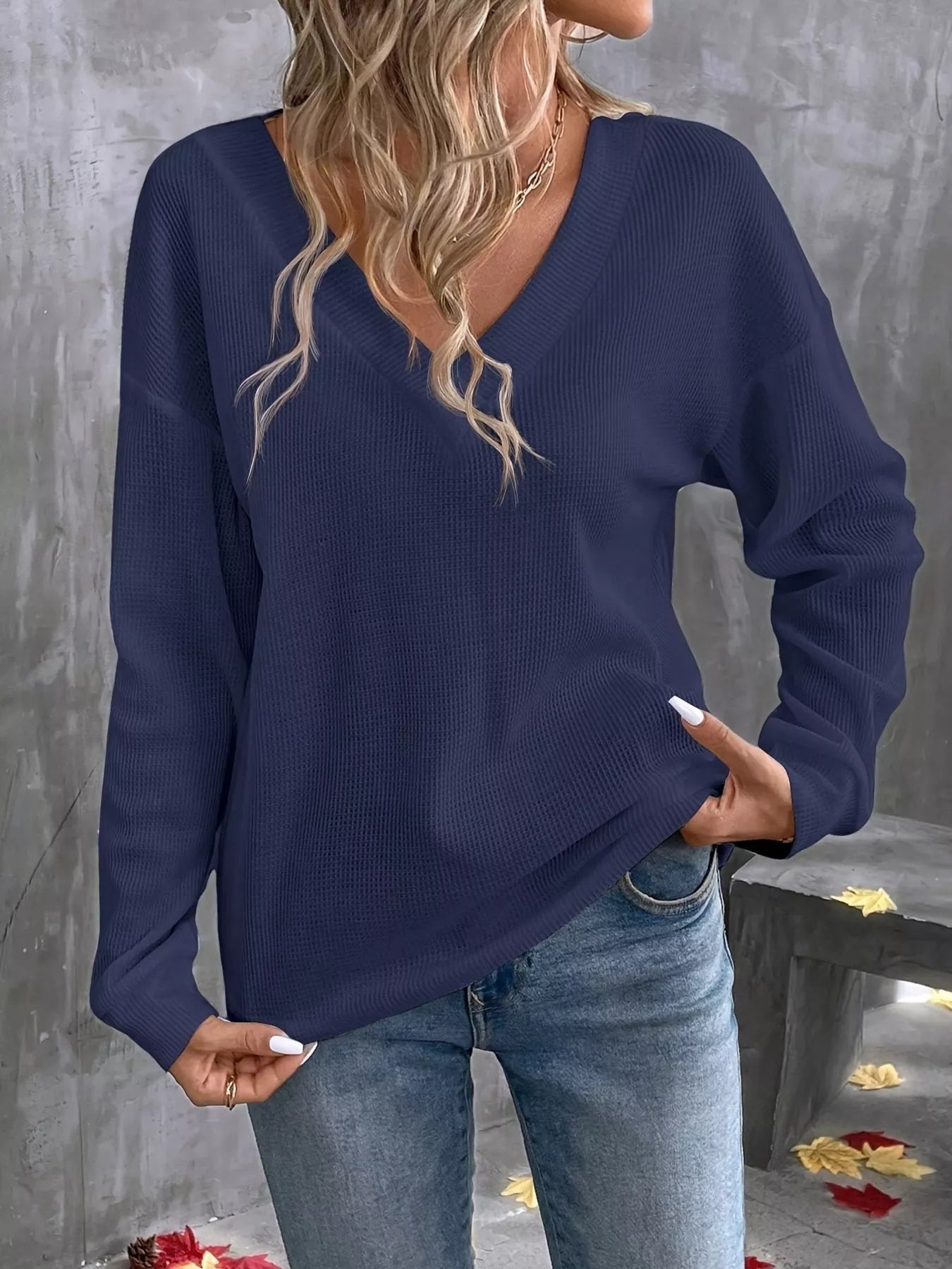 Plus Size V - Neck Long Sleeve Waffle Knit T-Shirt - Rochelle's House LLC