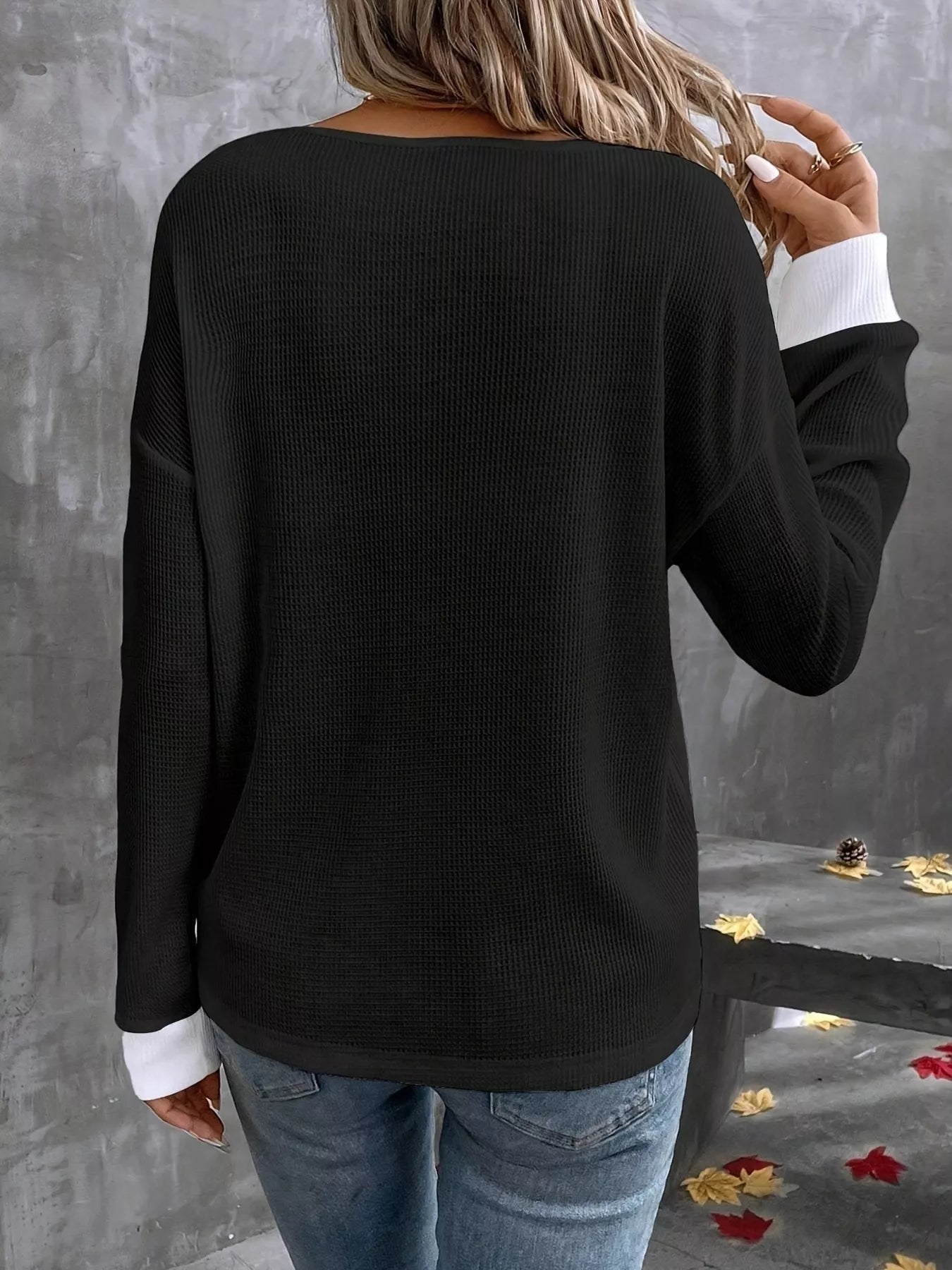 Plus Size V - Neck Long Sleeve Waffle Knit T-Shirt - Rochelle's House LLC