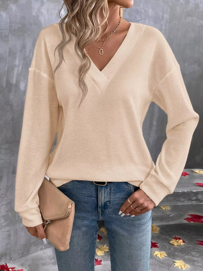 Plus Size V - Neck Long Sleeve Waffle Knit T-Shirt - Rochelle's House LLC