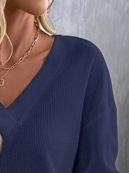 Plus Size V - Neck Long Sleeve Waffle Knit T-Shirt - Rochelle's House LLC