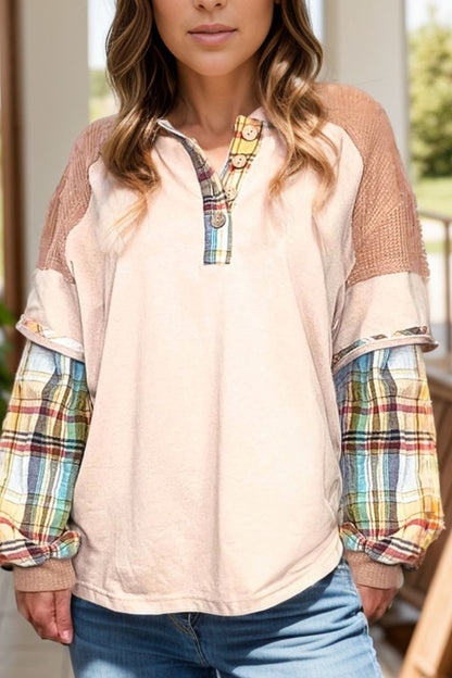 Front view of Plus Size Waffle-Knit Detail Plaid Round Neck Top in Tan showing neckline and sleeve details