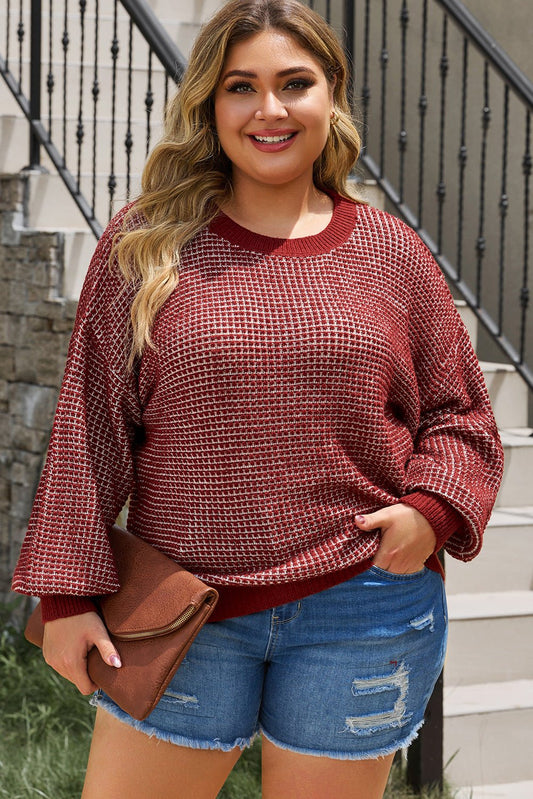 Front view of Plus Size Waffle-Knit Round Neck Dropped Shoulder Sweater in Deep Red showing neckline and sleeve details