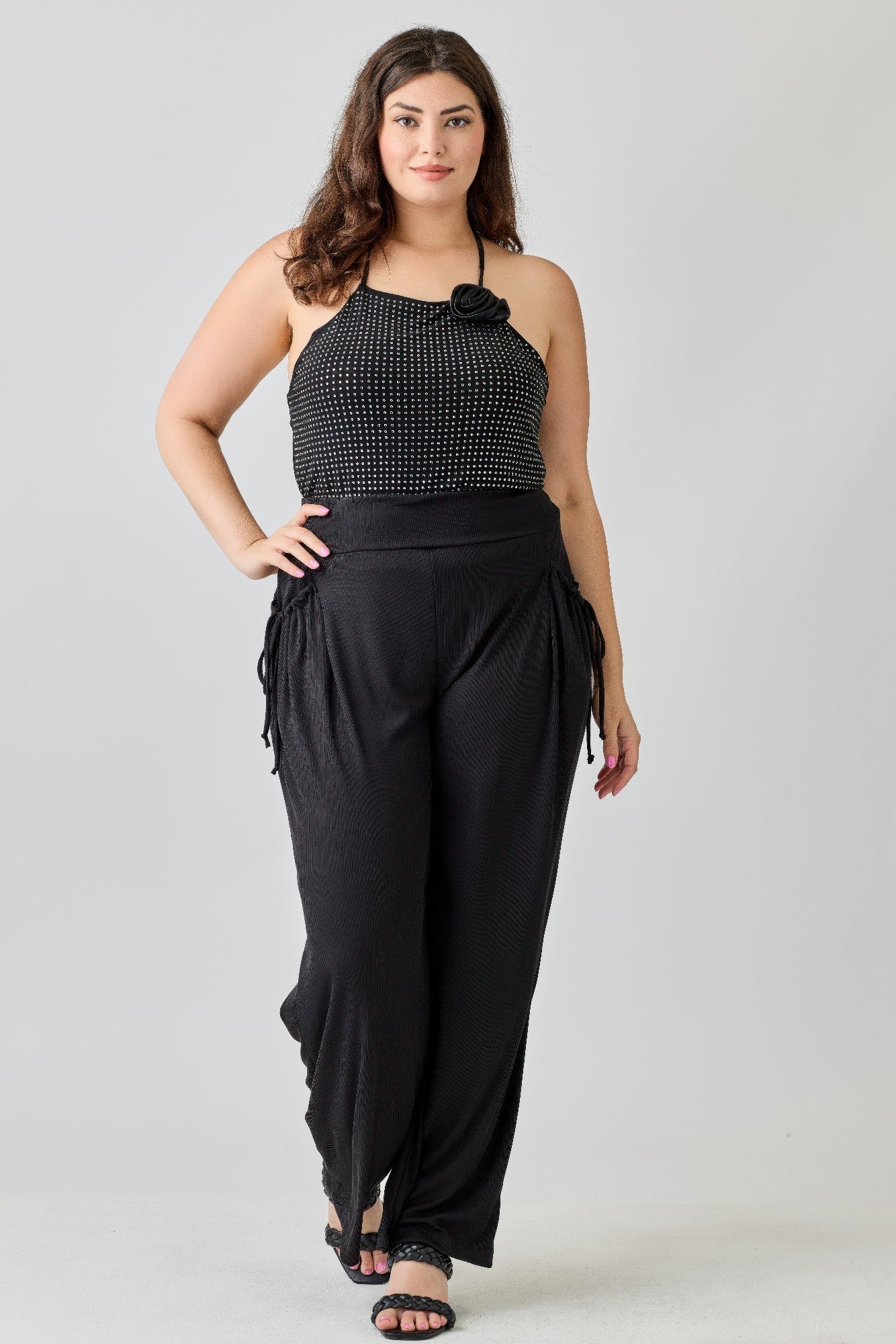 Plus Size Wide - leg Pants W Side Drawstring Detail - Rochelle's House LLC