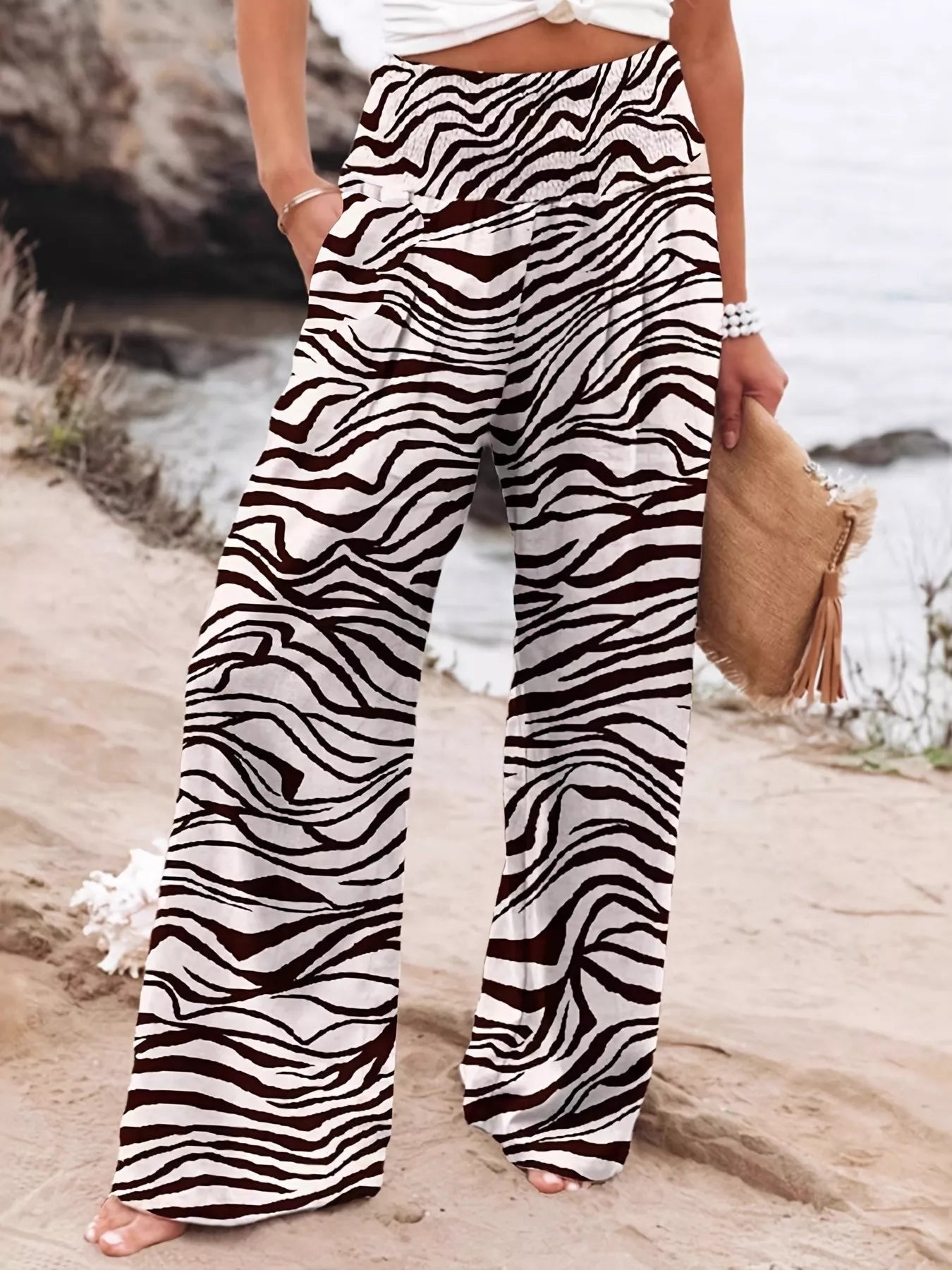 Plus Size Zebra Print High Waist Wide Leg Pants - Rochelle's House LLC