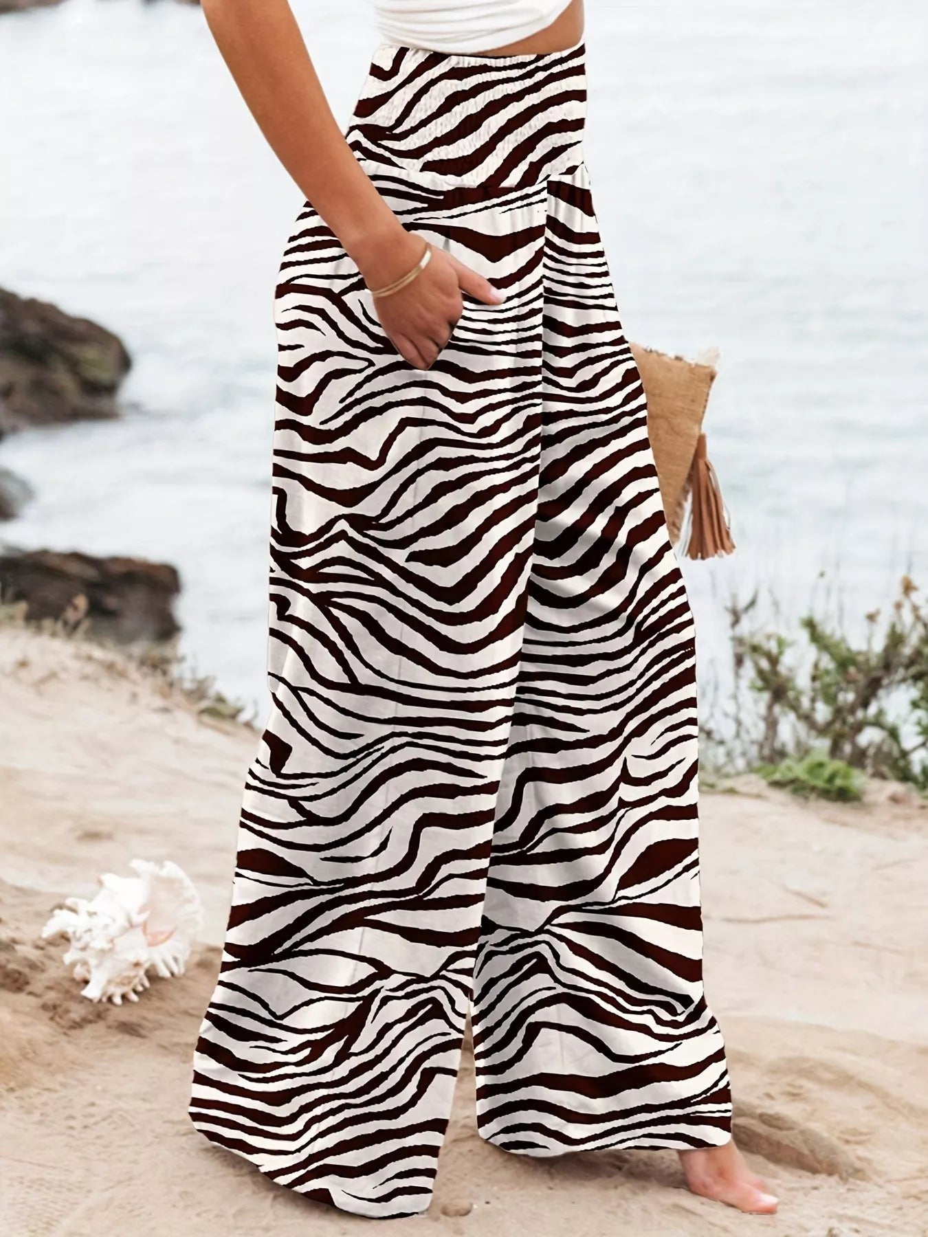 Plus Size Zebra Print High Waist Wide Leg Pants - Rochelle's House LLC