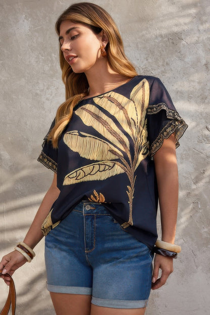 Plus Tropical Print Ruffle Hem Sleeve Blouse - Rochelle's House LLC