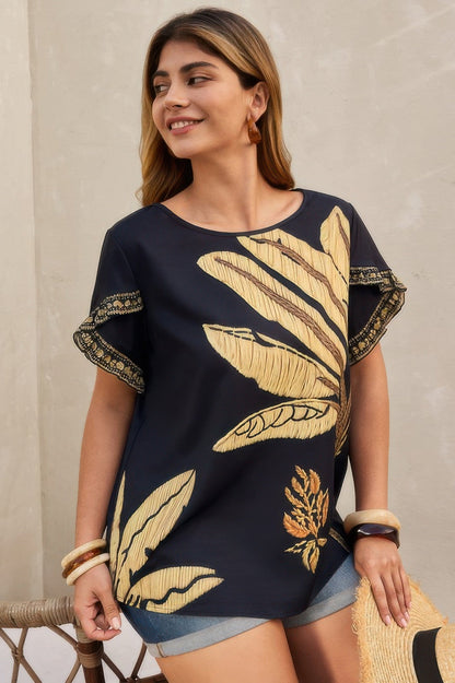 Plus Tropical Print Ruffle Hem Sleeve Blouse - Rochelle's House LLC
