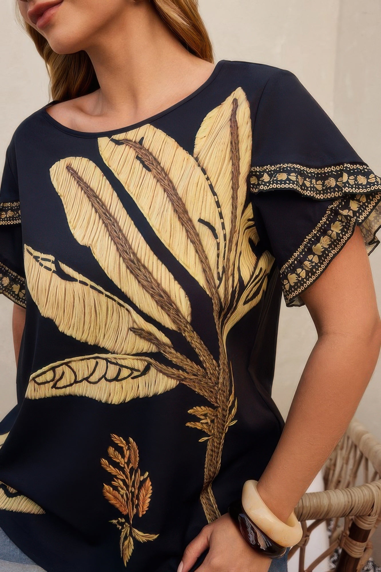 Plus Tropical Print Ruffle Hem Sleeve Blouse - Rochelle's House LLC