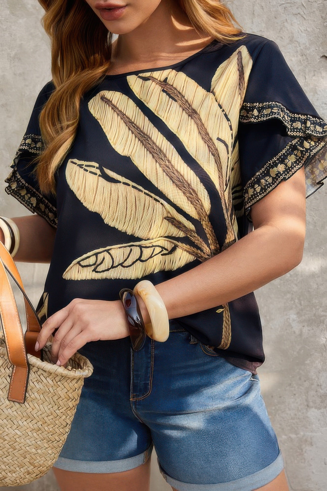 Plus Tropical Print Ruffle Hem Sleeve Blouse - Rochelle's House LLC