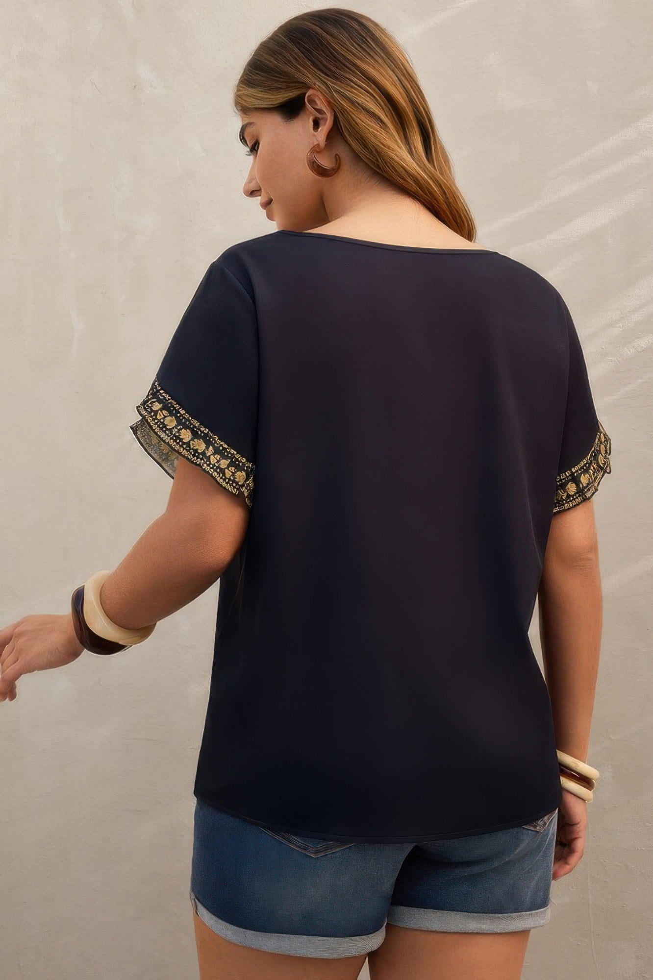 Plus Tropical Print Ruffle Hem Sleeve Blouse - Rochelle's House LLC