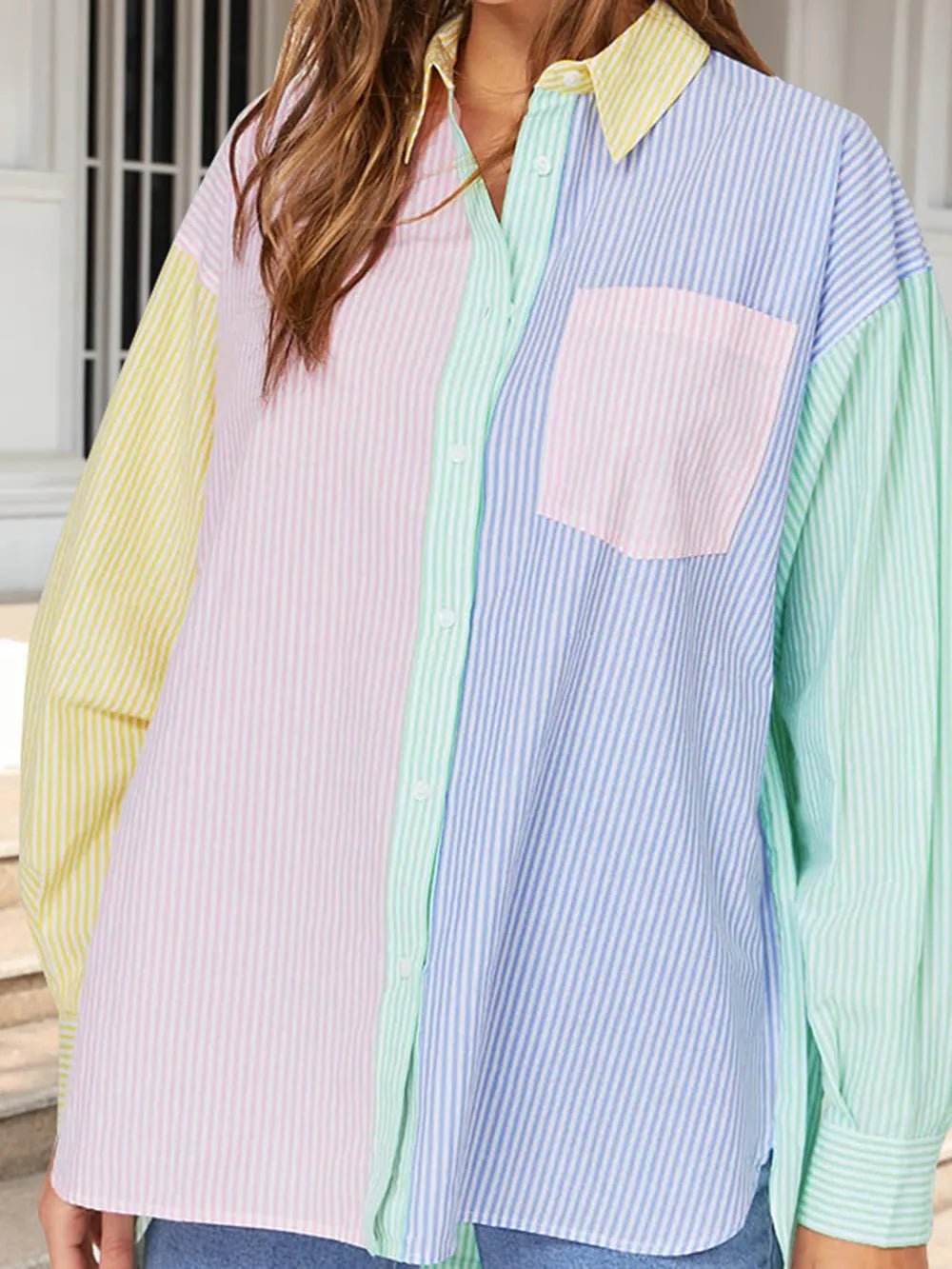 Pocketed Color Block Long Sleeve Shirt - Rochelle's House LLC