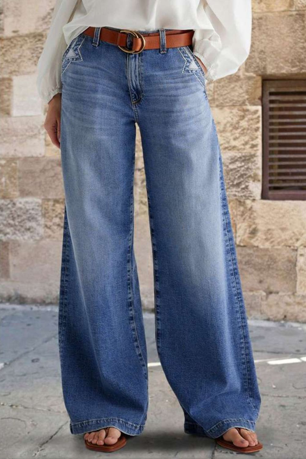 Front view of Pocketed Embroidered Straight Leg Jeans in Light showing neckline and sleeve details