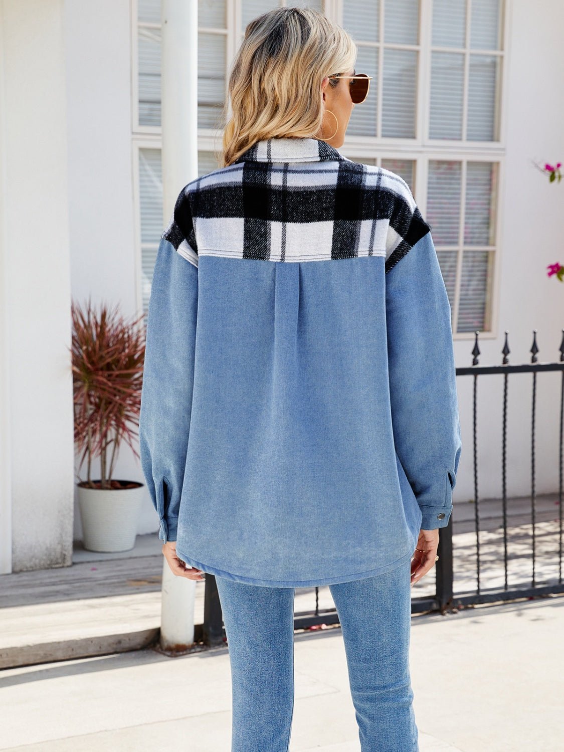 Pocketed Plaid Snap Down Denim Jacket - Rochelle's House LLC