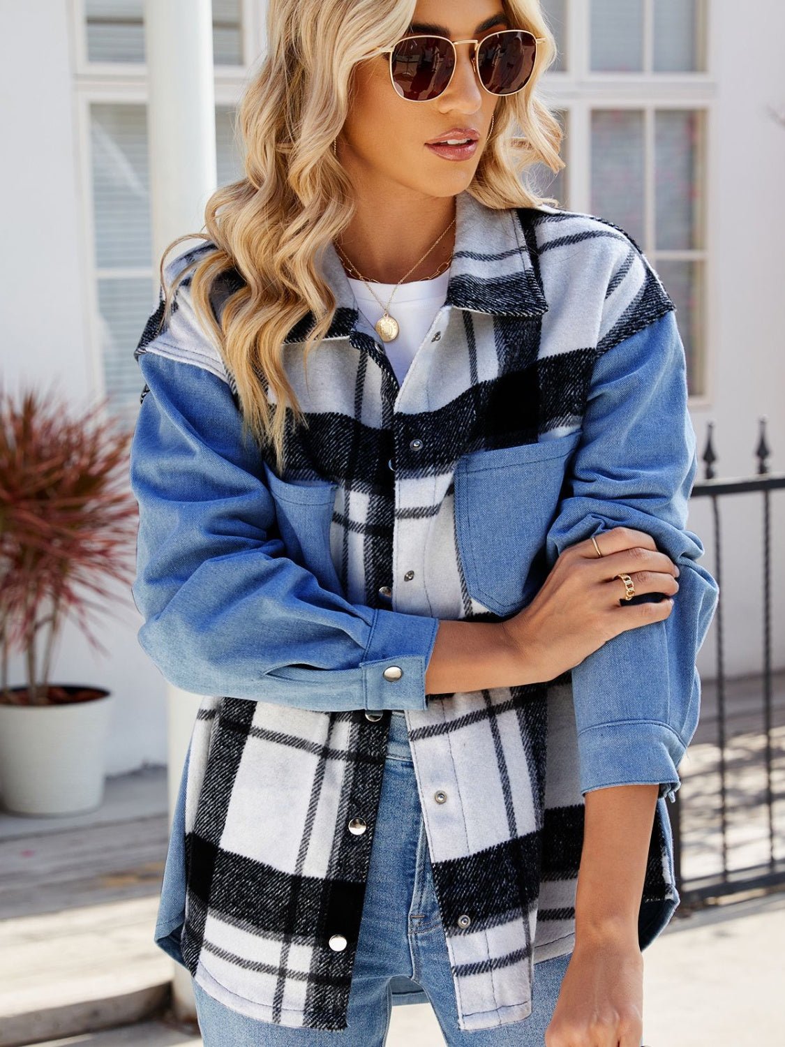 Pocketed Plaid Snap Down Denim Jacket - Rochelle's House LLC