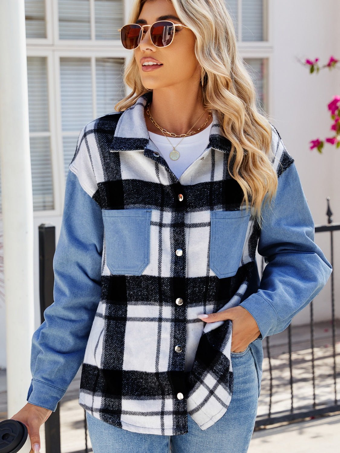 Pocketed Plaid Snap Down Denim Jacket - Rochelle's House LLC